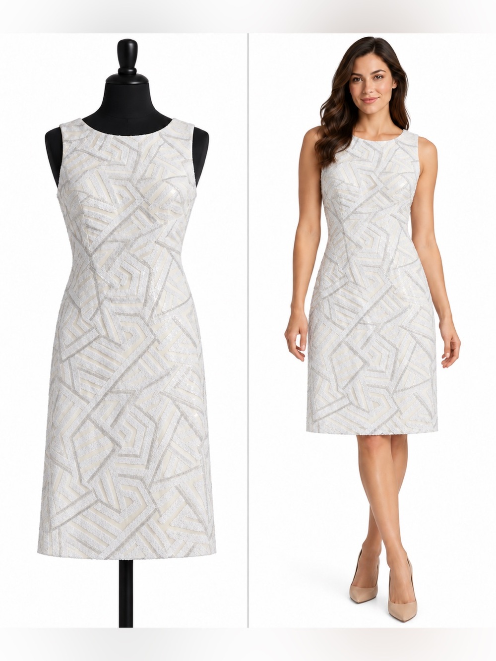 Vince Camuto White Silver Beaded Sequin Cocktail Dress 12